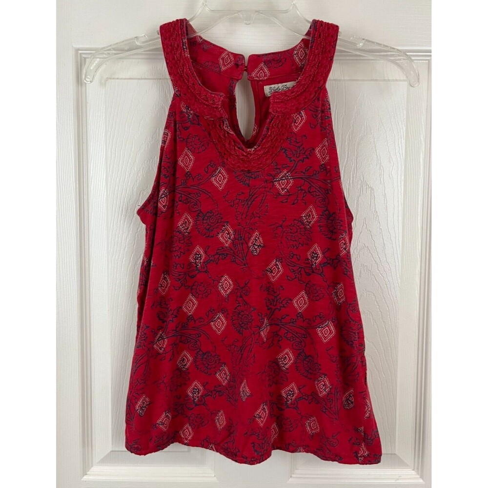 LUCKY BRAND - Red Floral Print Sleeveless Soutache Trim Knit Top size X-Small